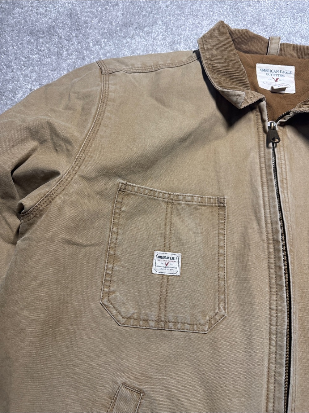 AMERICAN EAGLE MENS XL KHAKI CANVAS CHORE FIELD JACKET COAT CORDUROY COLLAR WORK - Picture 12 of 17
